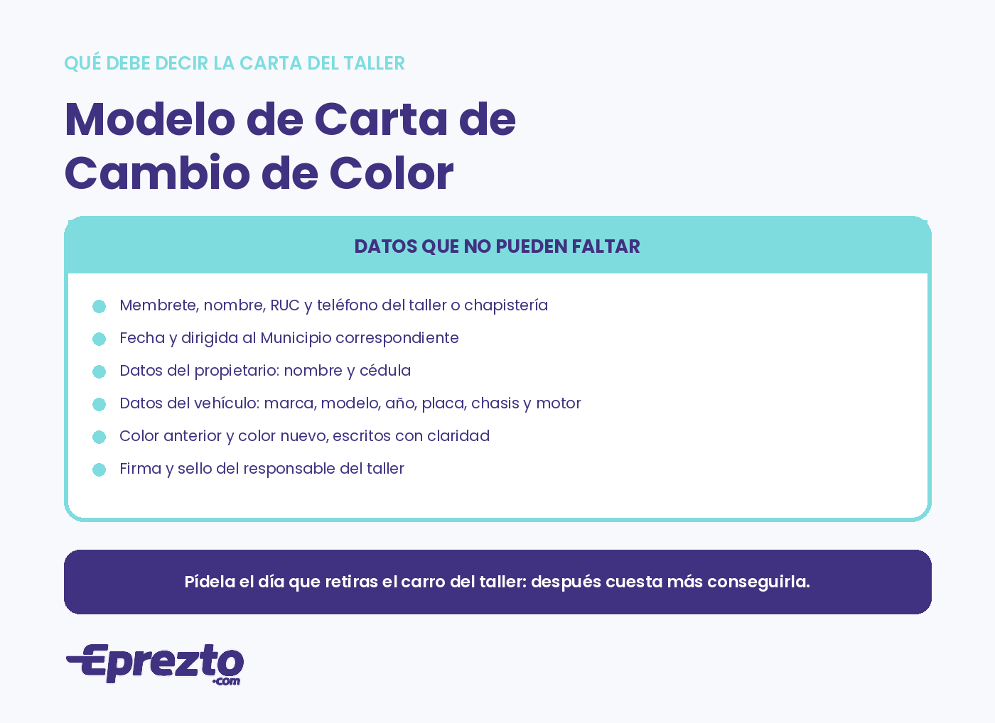 Qué debe decir la carta del taller para el cambio de color de un vehículo en Panamá: membrete, datos del propietario y del vehículo, color anterior y nuevo, firma y sello
